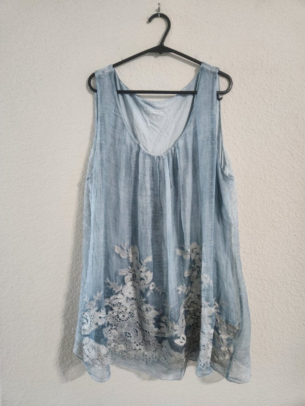 Soft Surroundings Silk Sophia Tunic Blue with Silver Embroidery Petite Large
